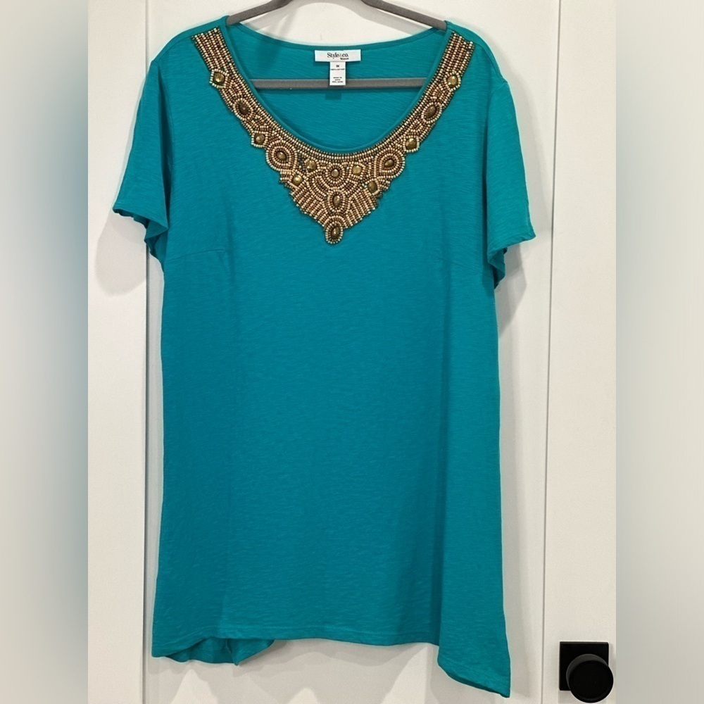 Style & Co Wood Beaded T-Shirt 1X Turquoise Festival Boho Spring Artsy Vacation